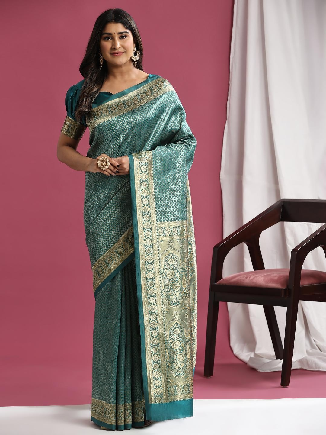 

Rujave Woven Design Zari Art Silk Banarasi Saree, Teal