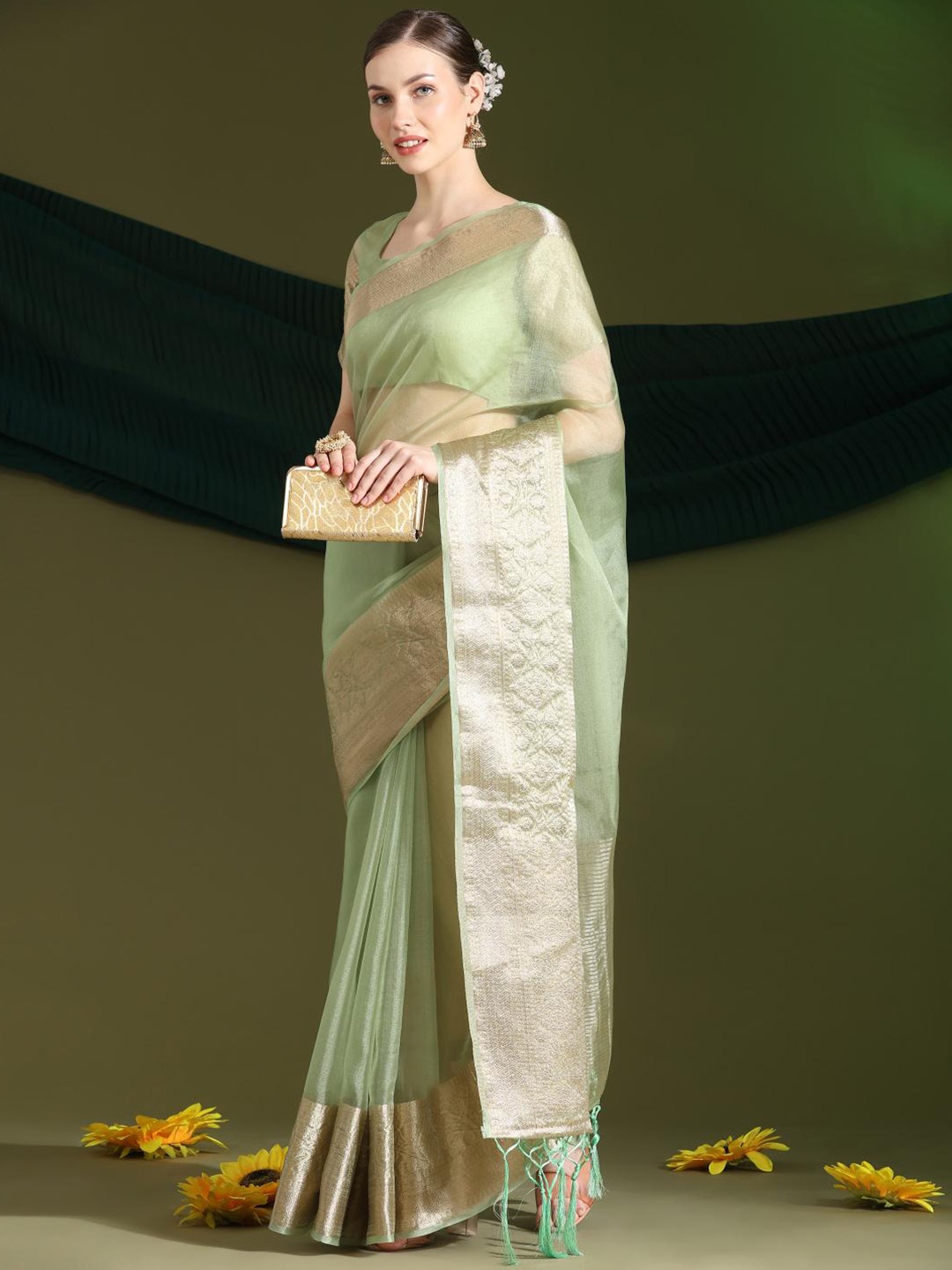 

Rujave Ethnic Motifs Woven Design Zari Organza Saree, Sea green