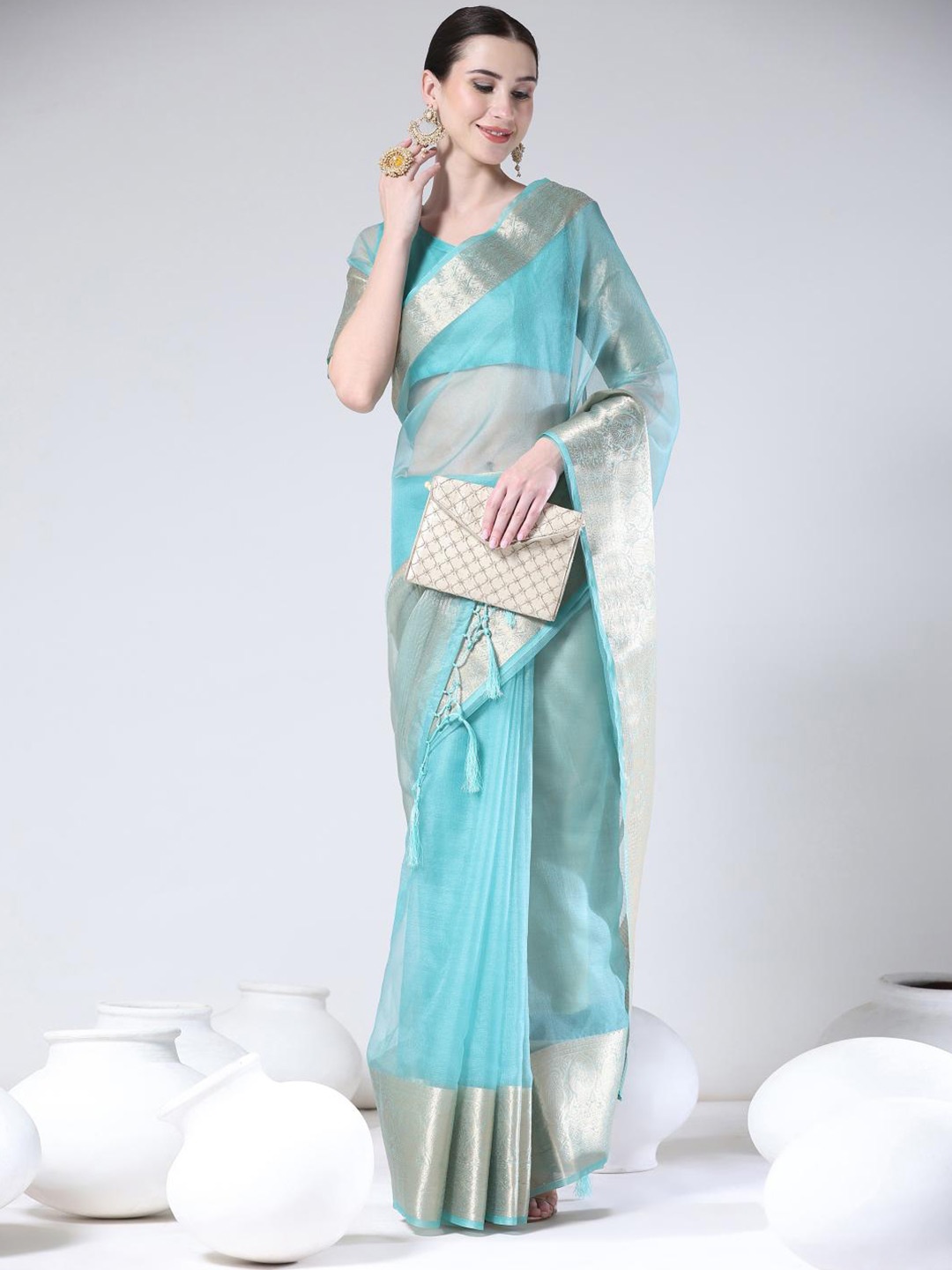 

Rujave Zari Pure Chiffon Banarasi Saree, Turquoise blue