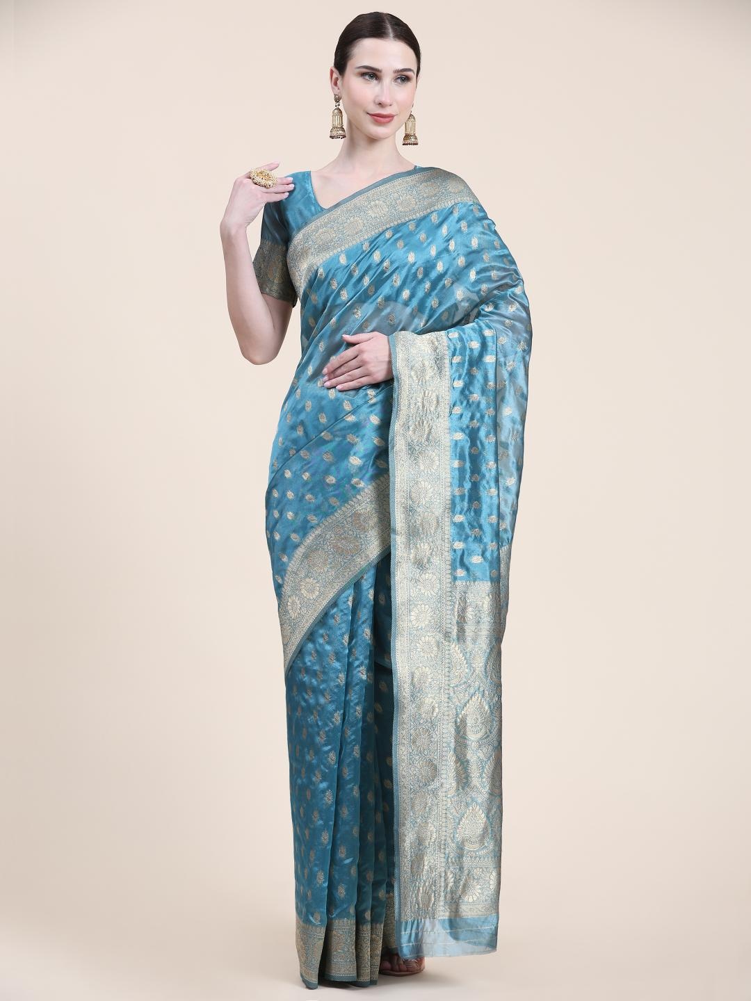 

Rujave Ethnic Motifs Woven Design Zari Brocade Banarasi Saree, Teal