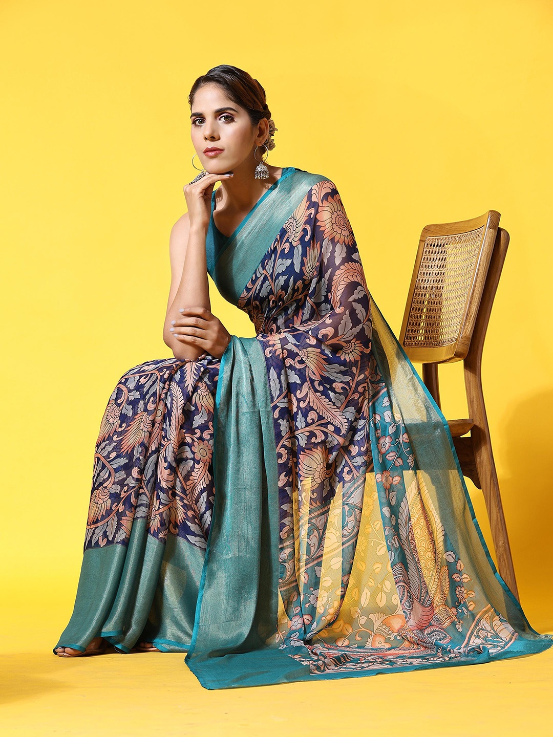 

Rujave Ethnic Print Zari Pure Chiffon Saree, Navy blue