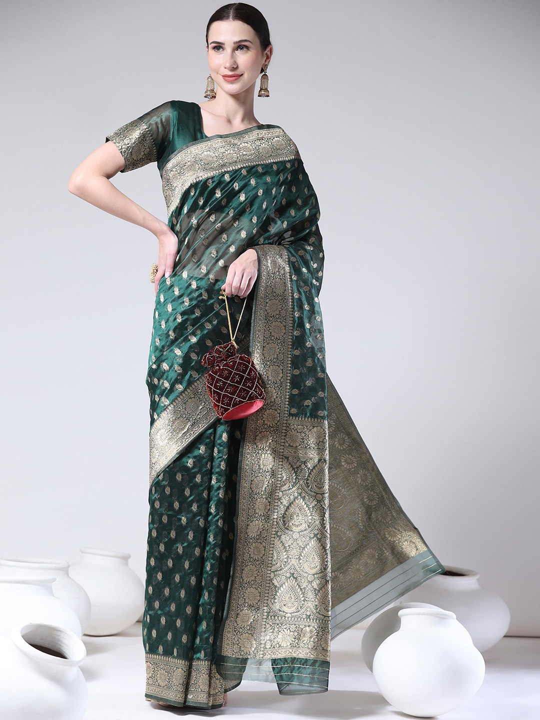 

Rujave Ethnic Motifs Woven Design Zari Pure Chiffon Banarasi Saree, Green