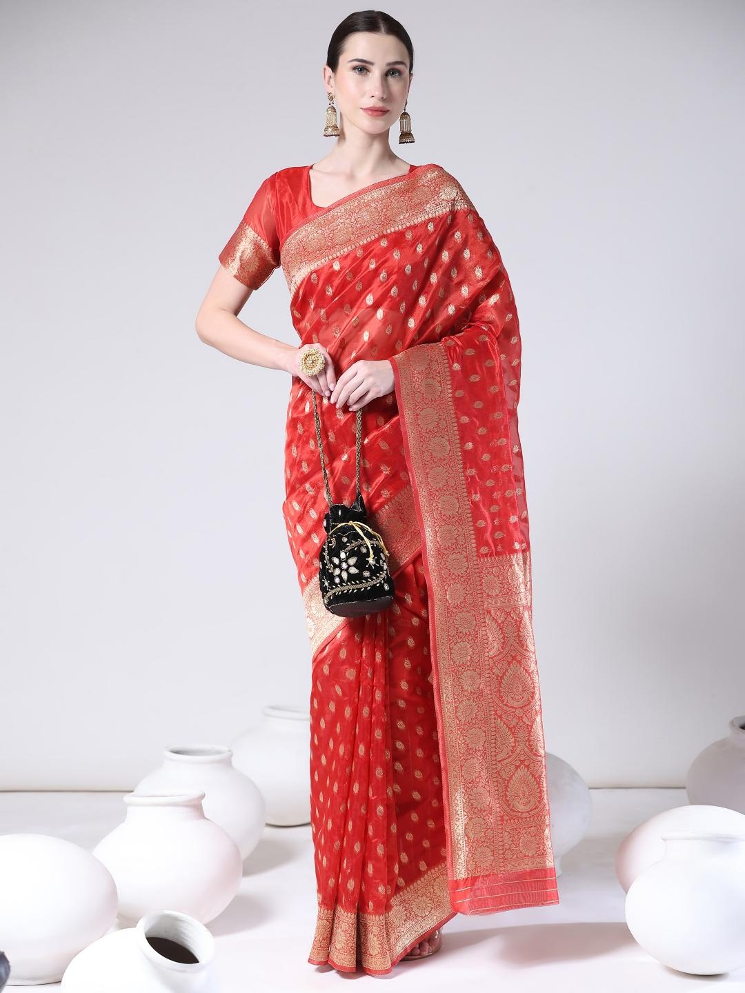 

Rujave Ethnic Motifs Woven Design Zari Pure Chiffon Banarasi Saree, Red