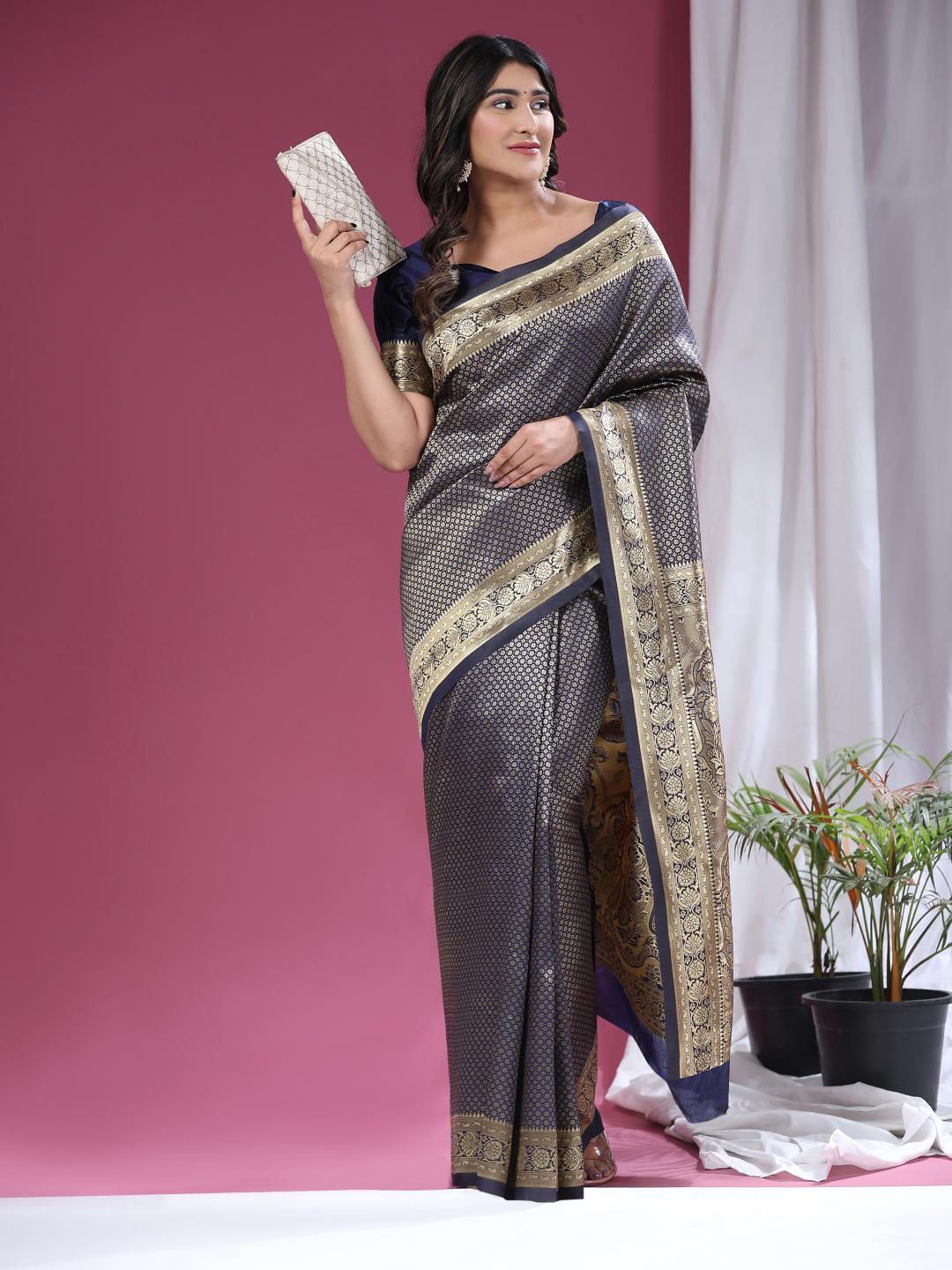 

Rujave Floral Zari Art Silk Banarasi Saree, Navy blue