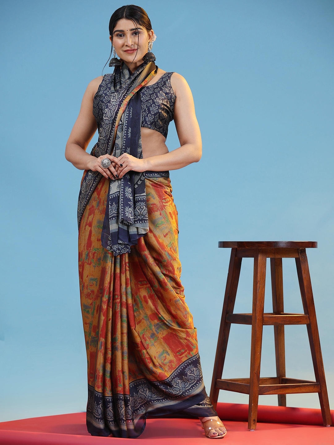 

Rujave Abstract Pure Chiffon Saree, Rust