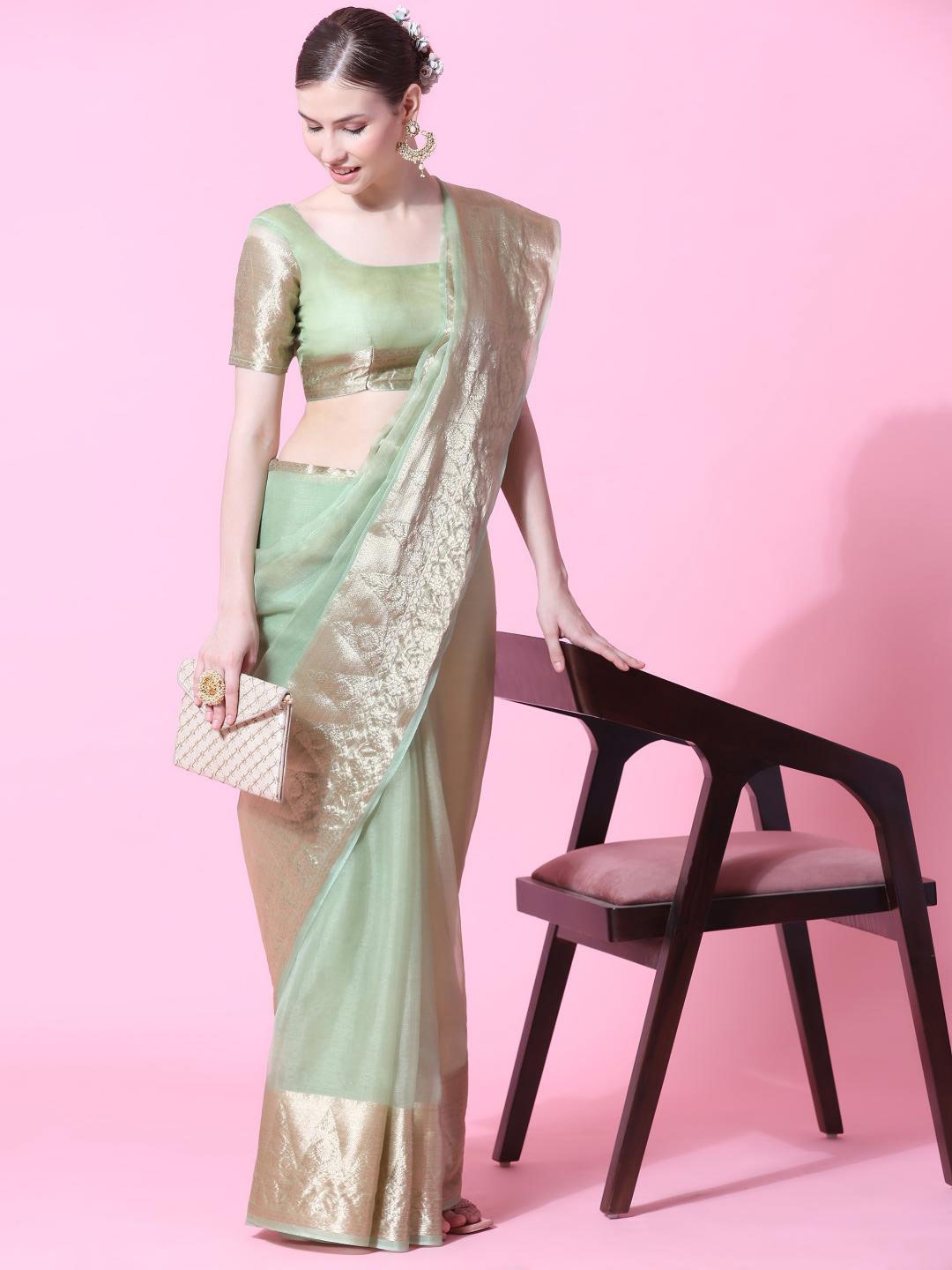

Rujave Zari Organza Khadi Saree, Sea green