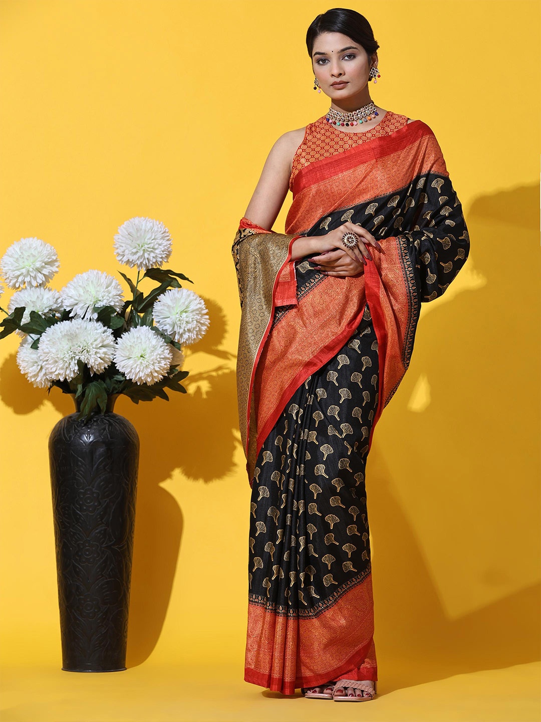 

Rujave Kalamkari Printed Silk Cotton Saree, Black