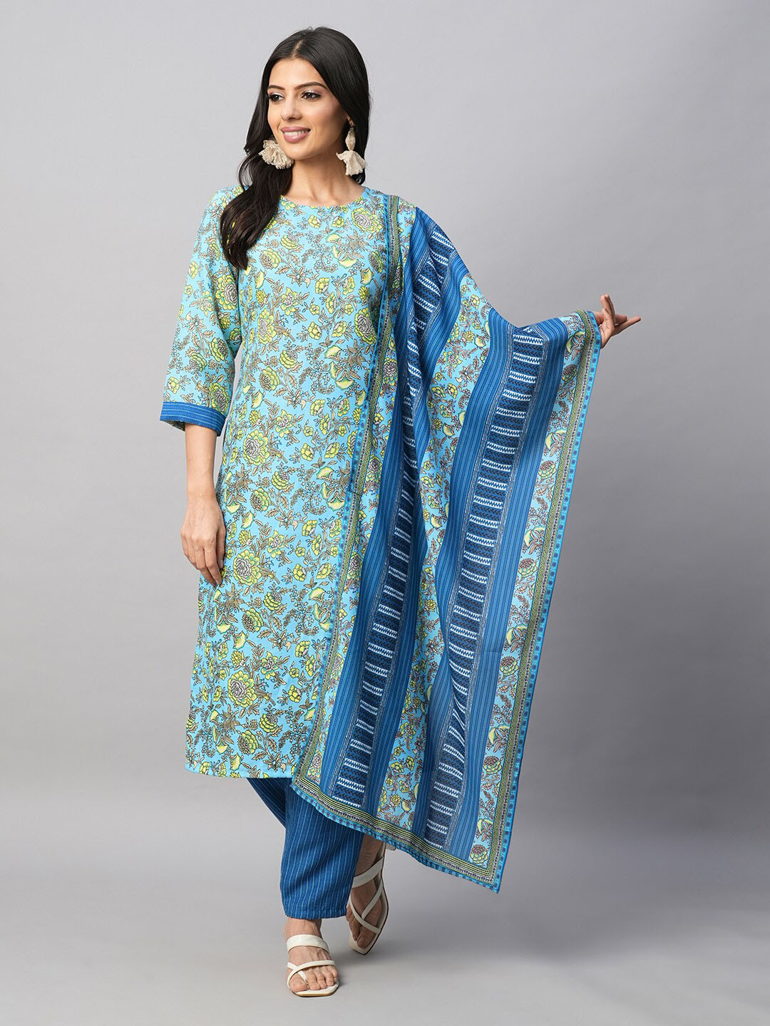 

AMRUTVARSHA CREATION Floral Printed Thread Work Pure Cotton Kurta with Trousers & Dupatta, Blue