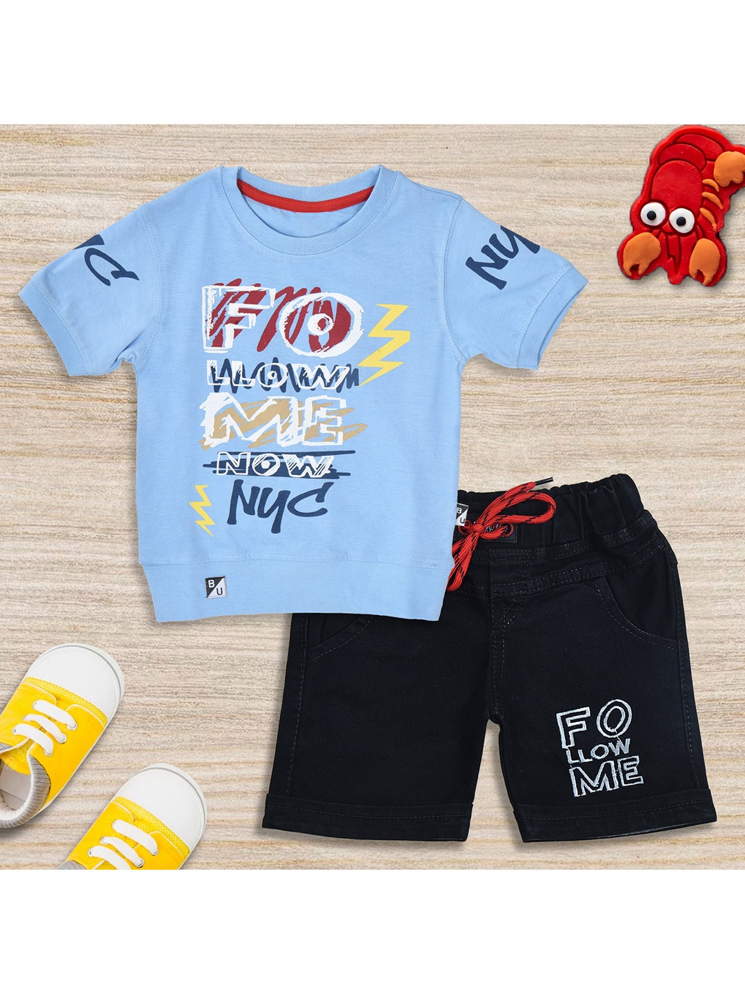 

BAESD Boys Typography Printed T-shirt With Denim Shorts, Blue