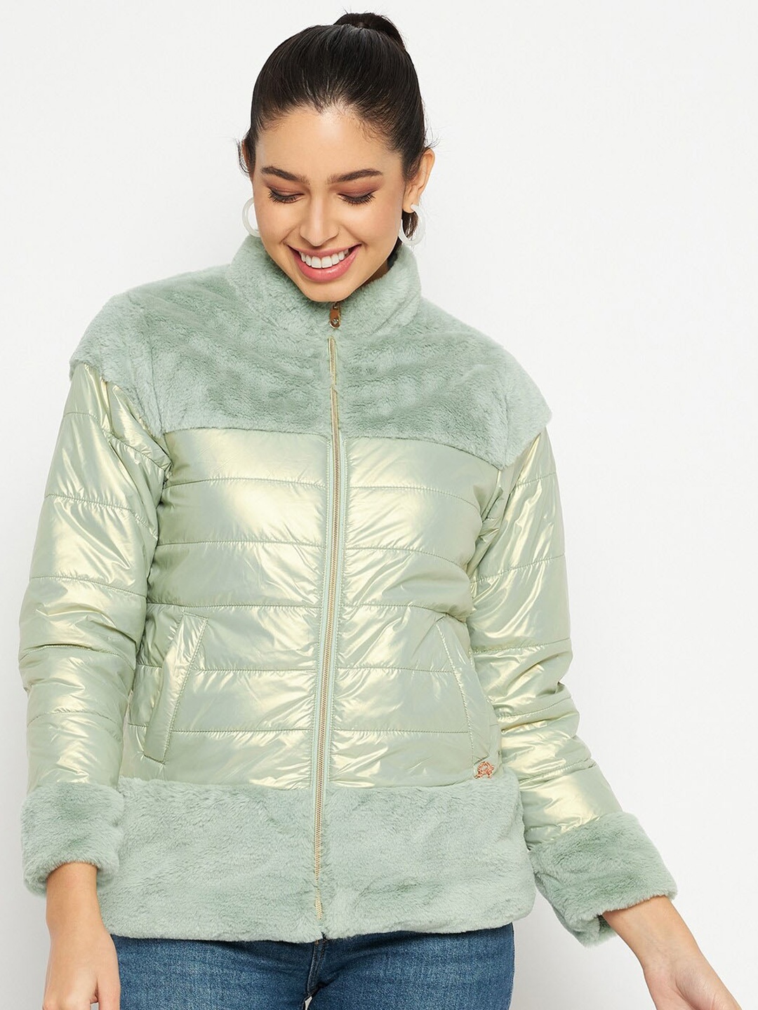 

Duke Mock Collar Faux Fur Padded Jacket, Green
