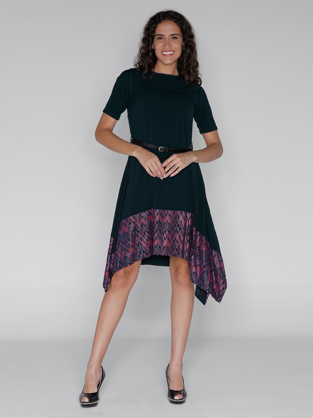 

IDENTITI Round Neck A-Line Dress, Green
