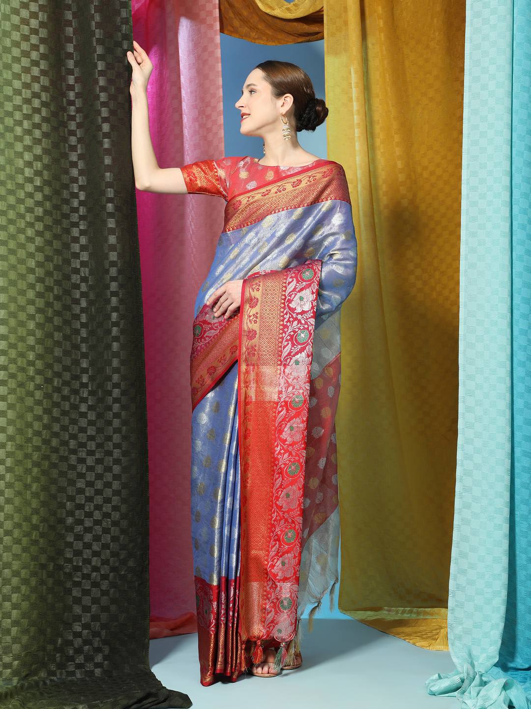 

ZILVIRA Ethnic Woven Design Zari Art Silk Saree, Blue