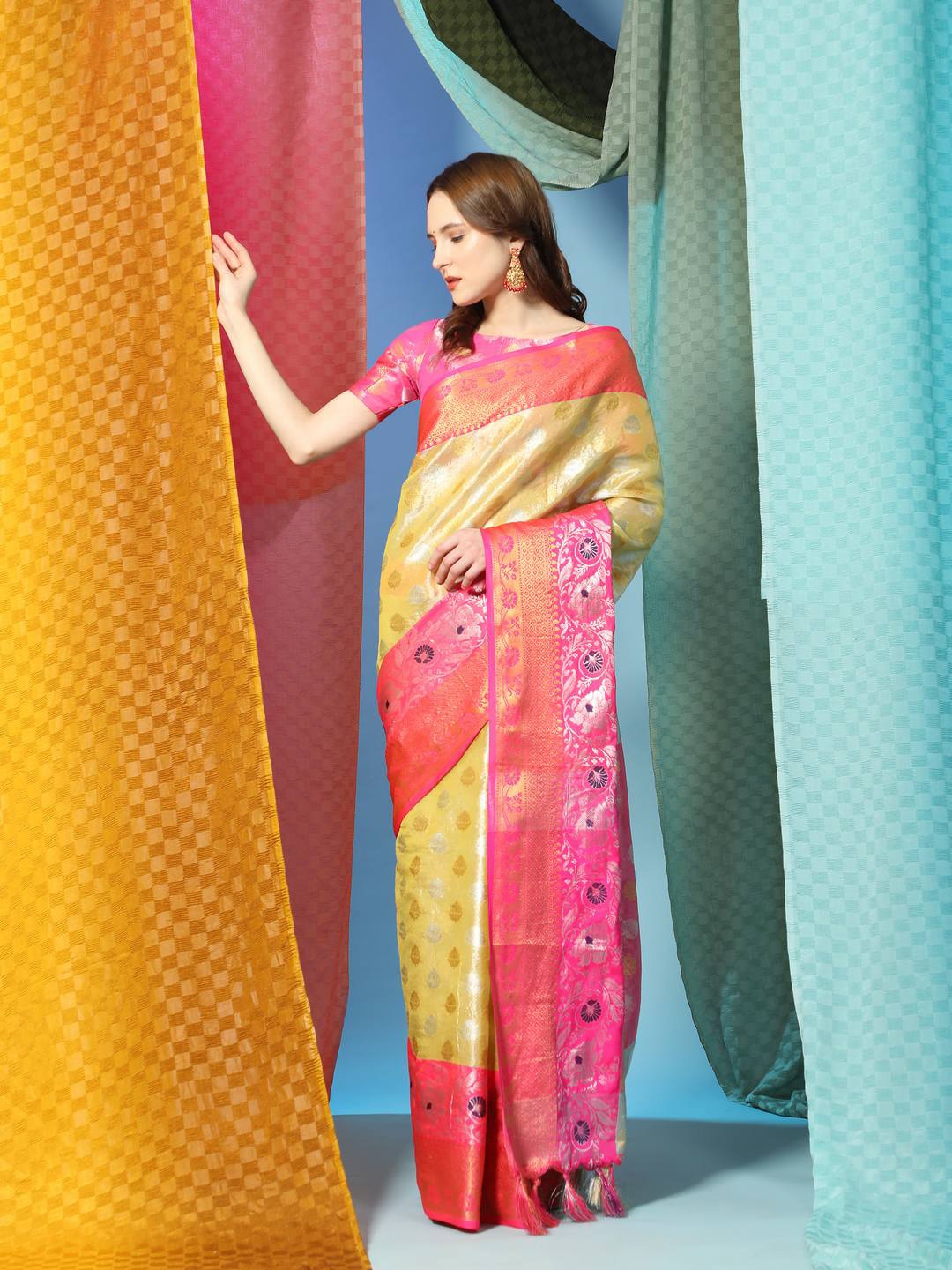 

ZILVIRA Ethnic Woven Design Zari Art Silk Saree, Yellow