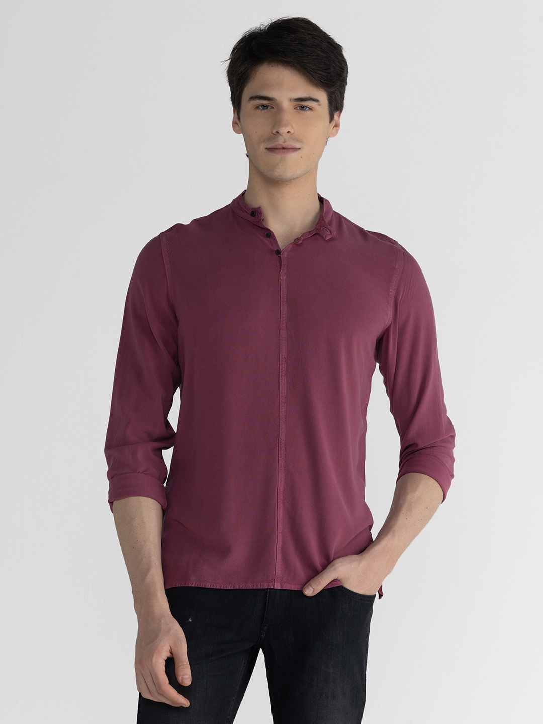 

IDENTITI Mandarin Collar Long Sleeves Casual Shirt, Pink