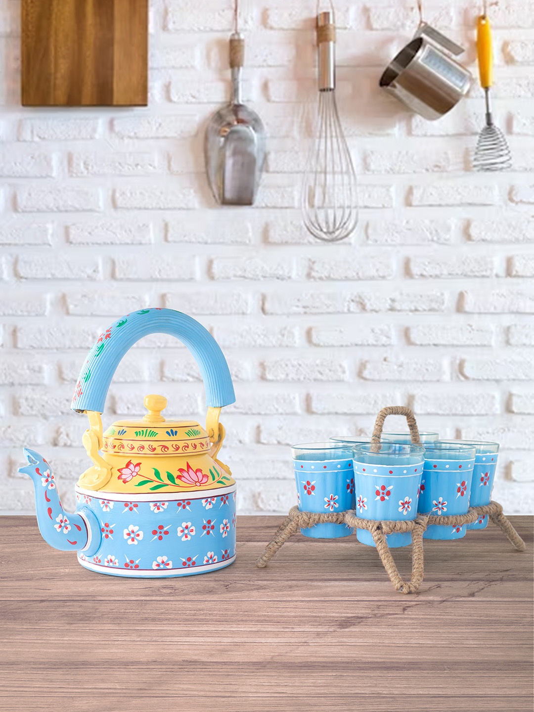 

Golden Peacock Blue 8 Pieces Floral Printed Kettle Glasses and Holder
