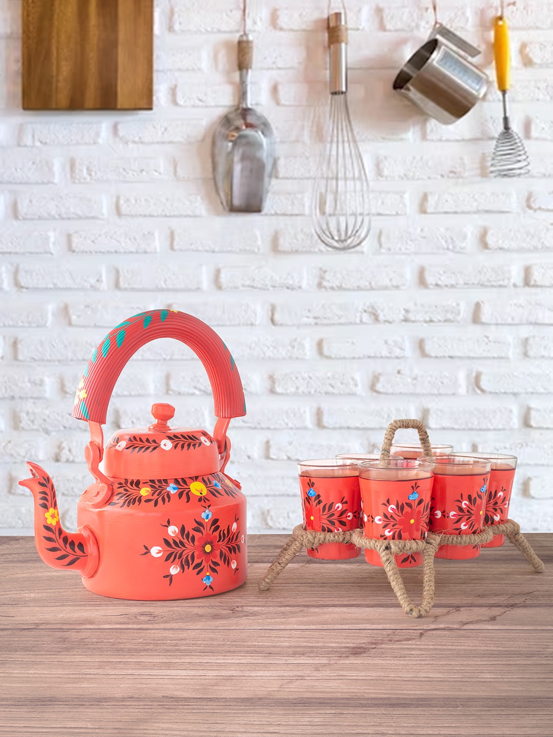 

Golden Peacock 8 Pieces Red Floral Printed Kettle Glasses and Holder