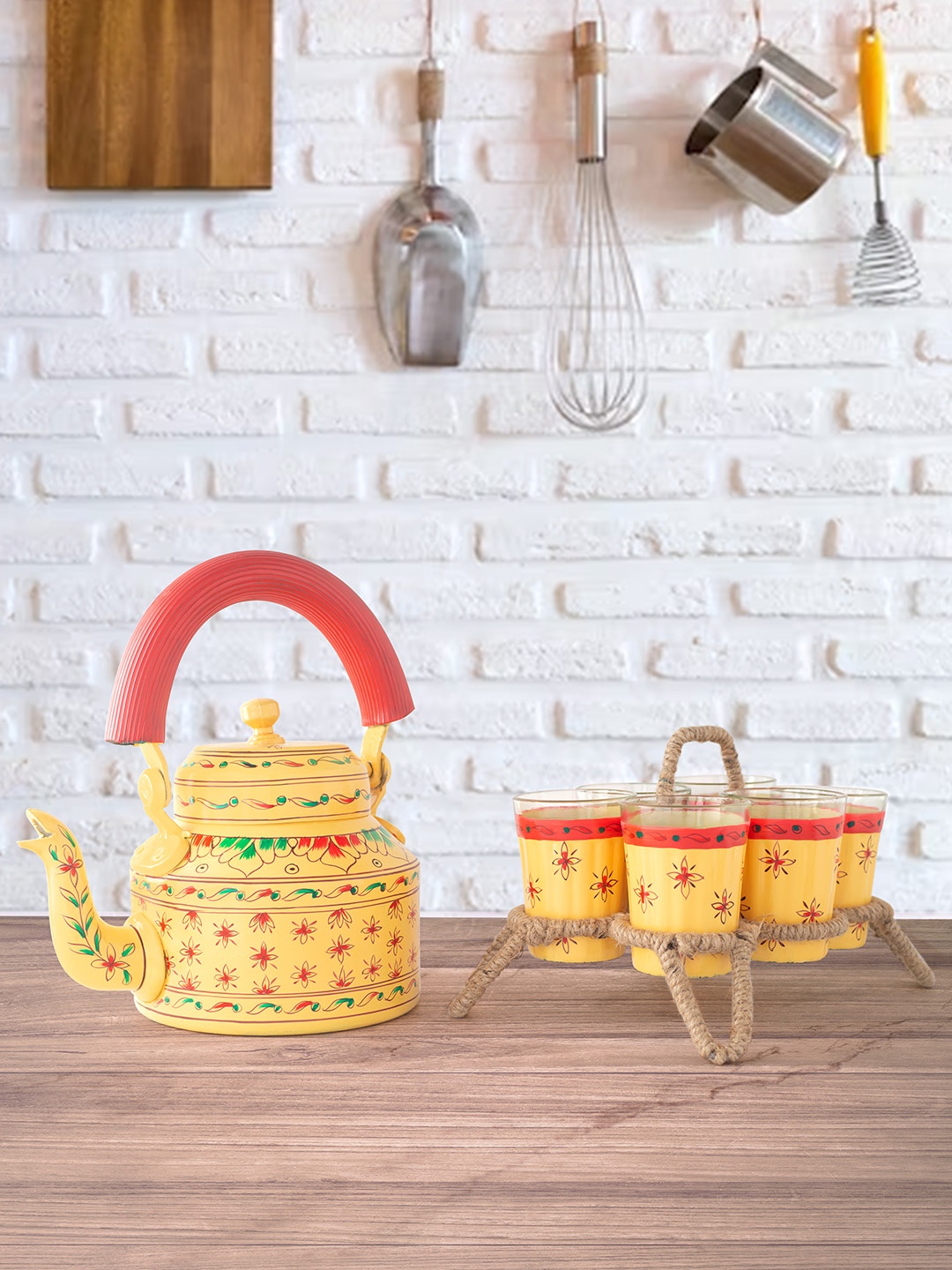 

Golden Peacock 8 Pieces Yellow & Red Printed Kettle Glasses and Holder