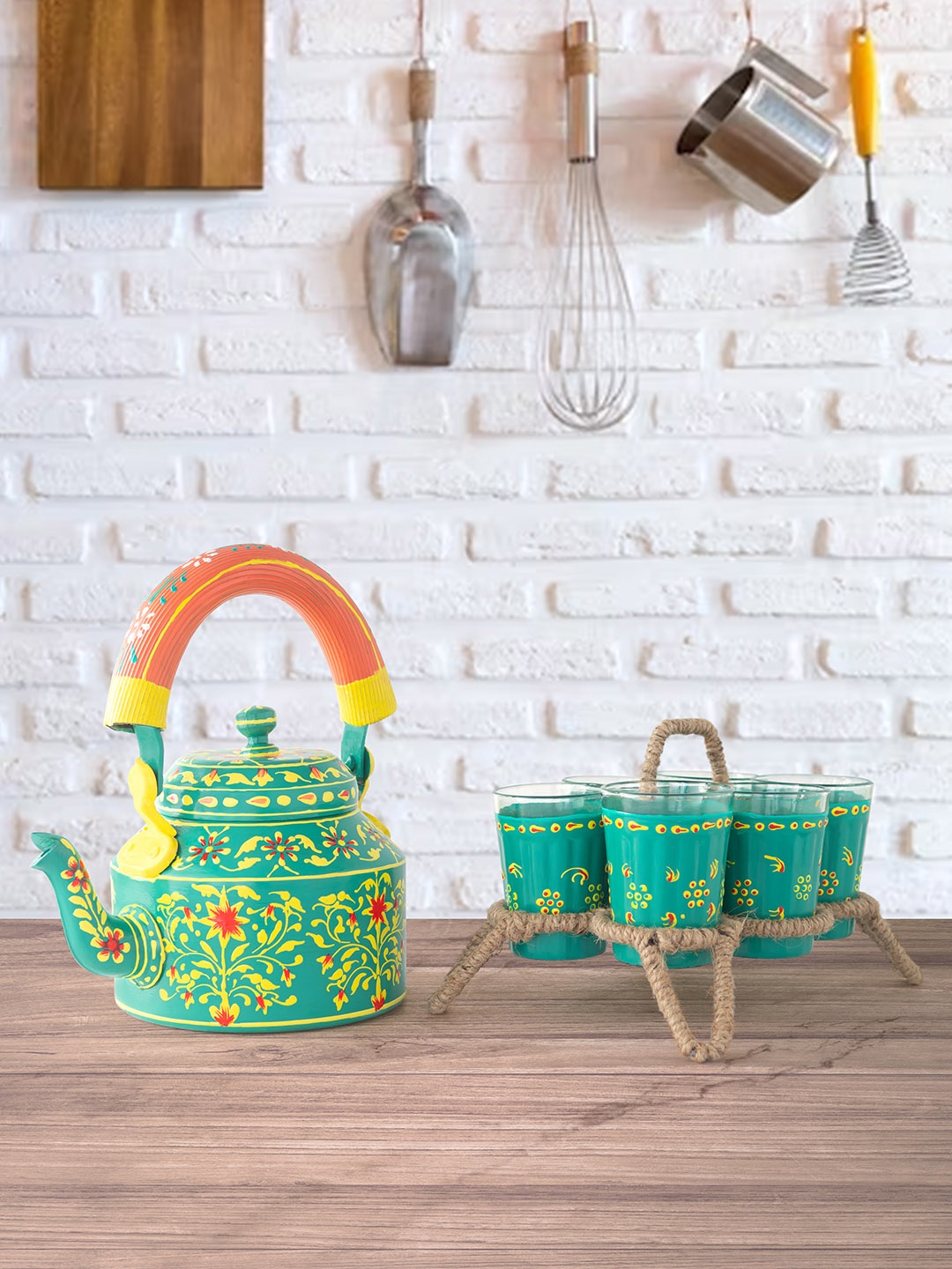 

Golden Peacock 8 Pieces Green & Yellow Printed Kettle Glasses and Holder