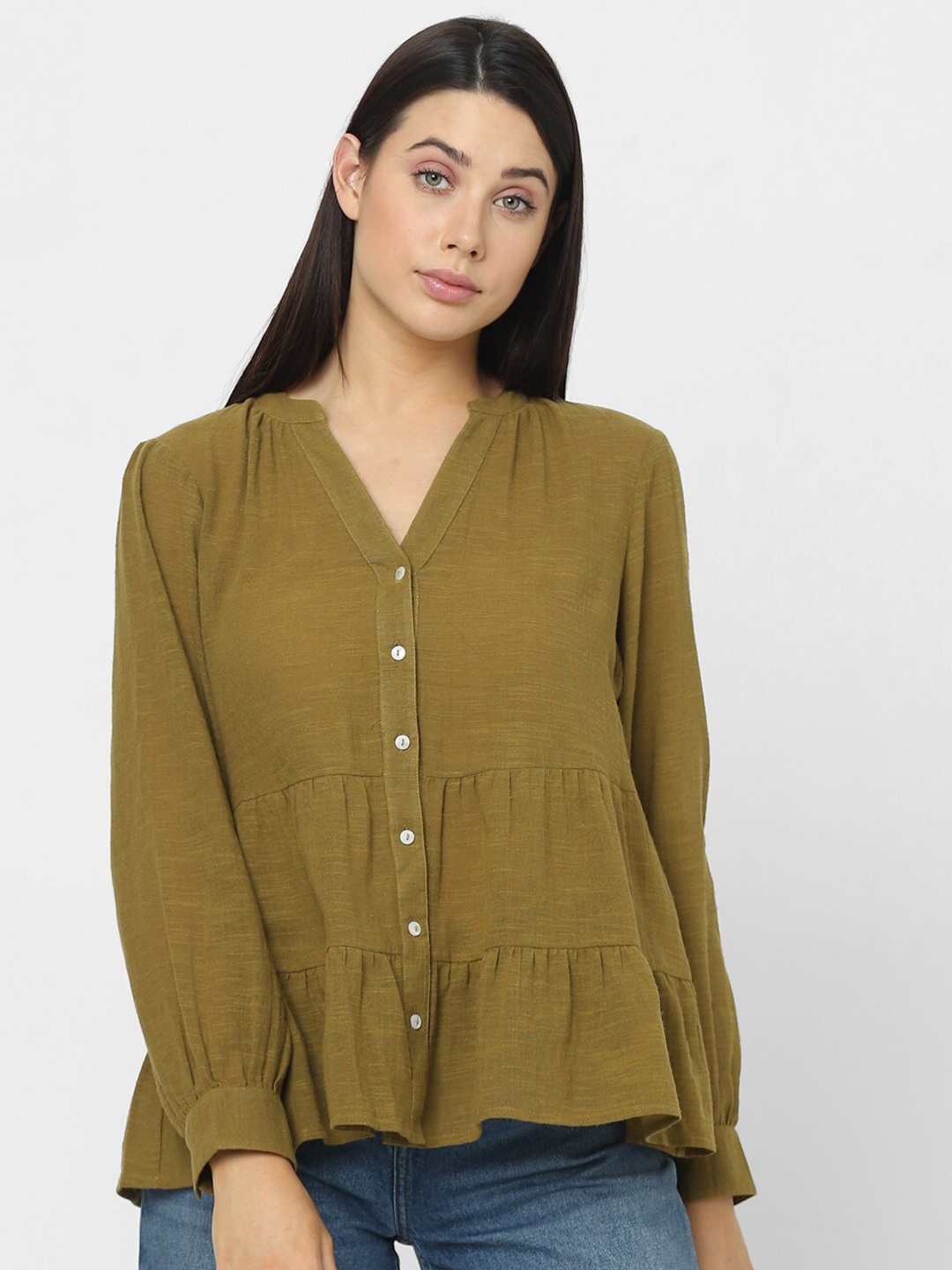 

Vero Moda Mandarin Collar Long Cuffed Sleeves Layered Cotton Shirt Style Top, Green