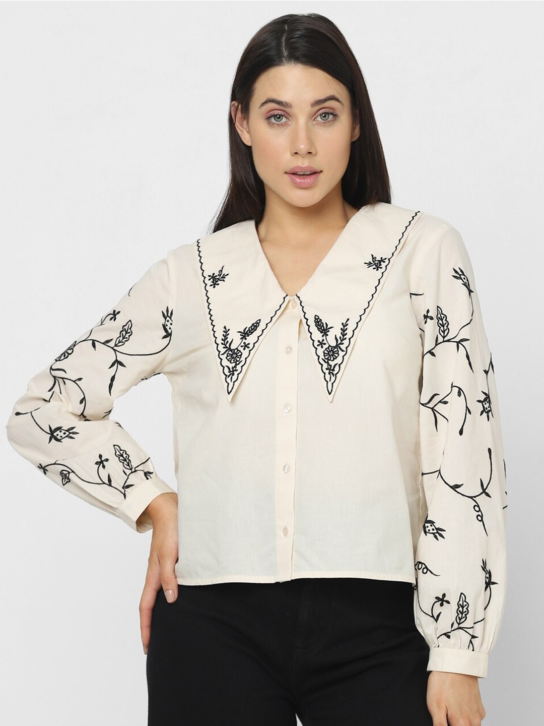 

Vero Moda Floral Printed Above the Keyboard Collar Pure Cotton Top, Beige