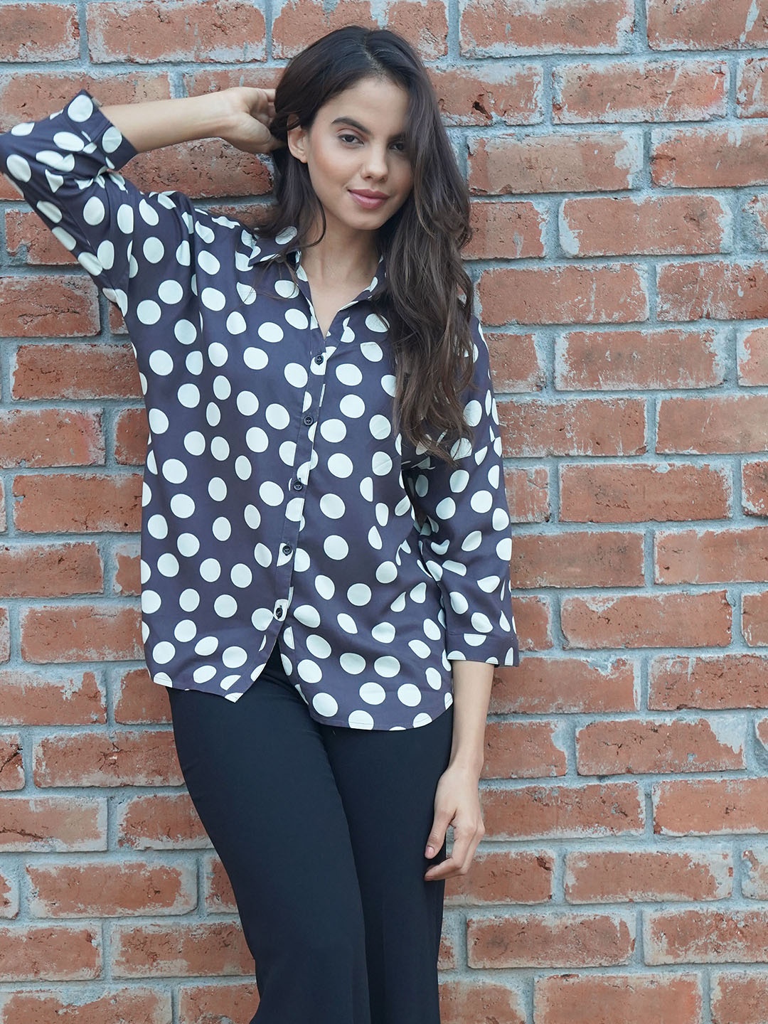 

IDK Polka Dots Print Shirt Collar Shirt Style Top, Grey