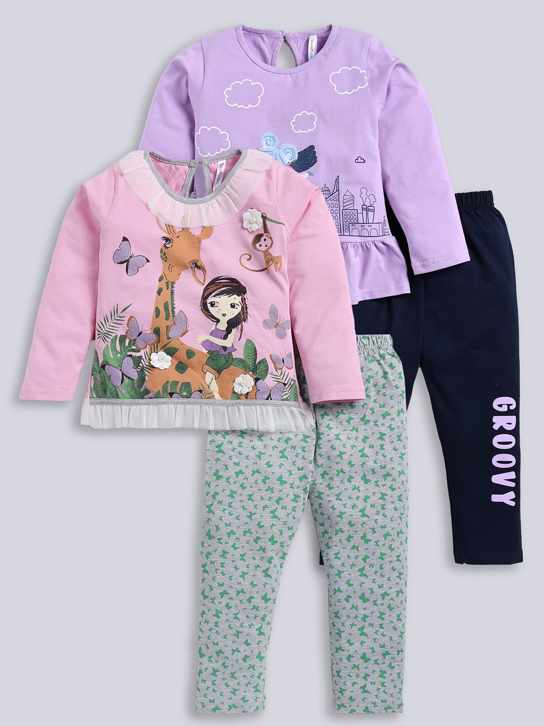 

Toonyport Kids Pack of 2 Graphic Printed Pure Cotton T-shirt with Trousers, Pink