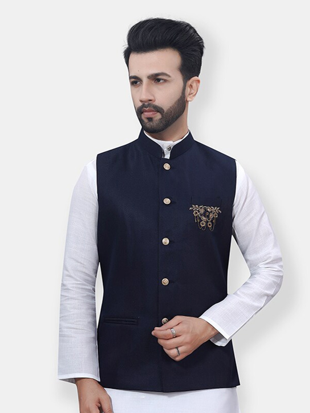 

Avaeta Embroidered Mandarin Collar Nehru Jacket, Navy blue