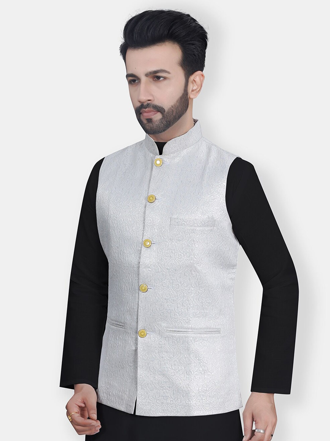 

Avaeta Woven Design Mandarin Collar Nehru Jacket, White