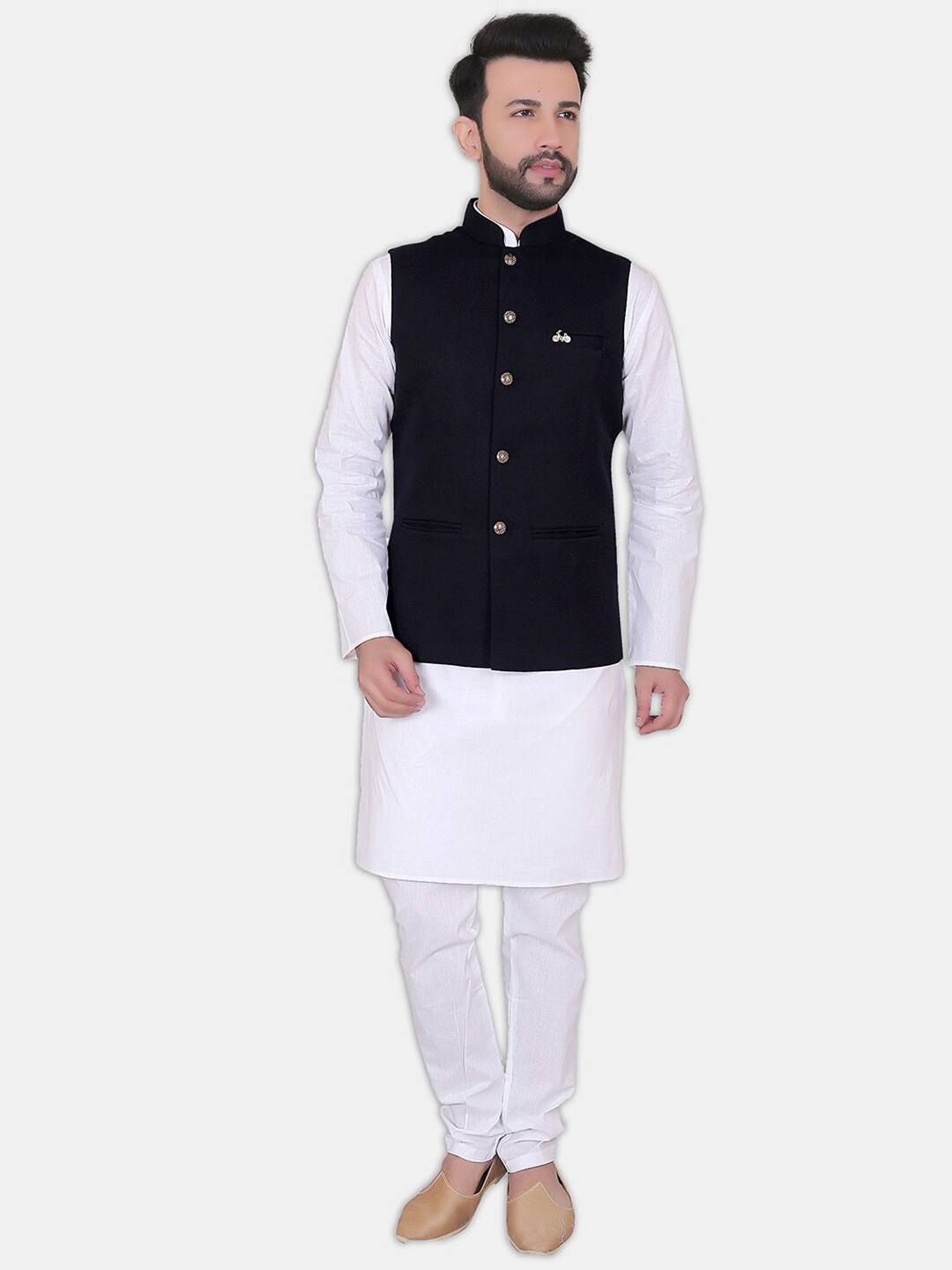 

Avaeta Self Design Mandarin Collar Corduroy Nehru Jacket, Navy blue