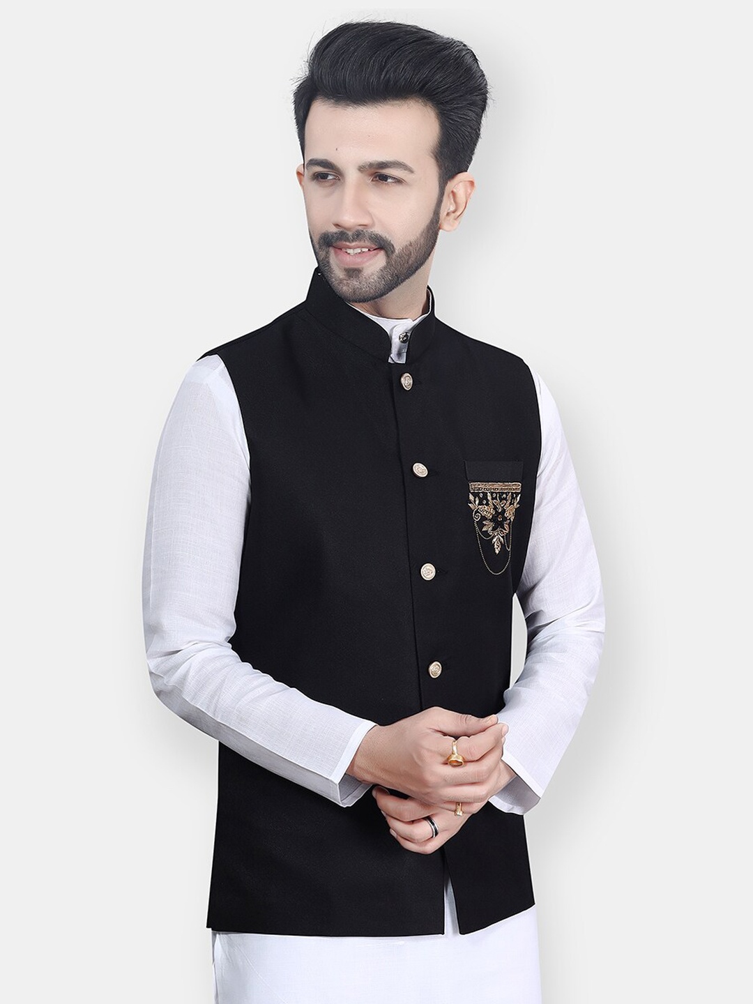

Avaeta Embellished Mandarin Collar Nehru Jacket, Black