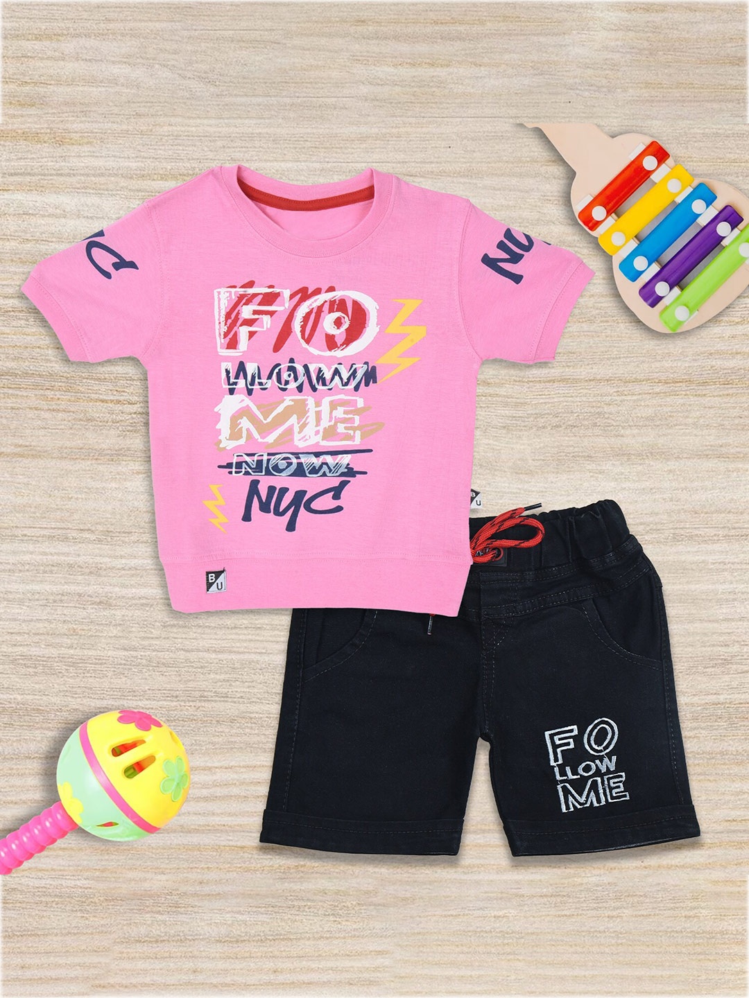 

BAESD Boys Printed Pure Cotton T-shirt with Denim Shorts, Pink