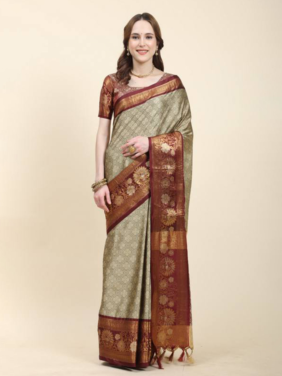 

ZILVIRA Ethnic Motifs Woven Design Zari Silk Cotton Saree, Beige