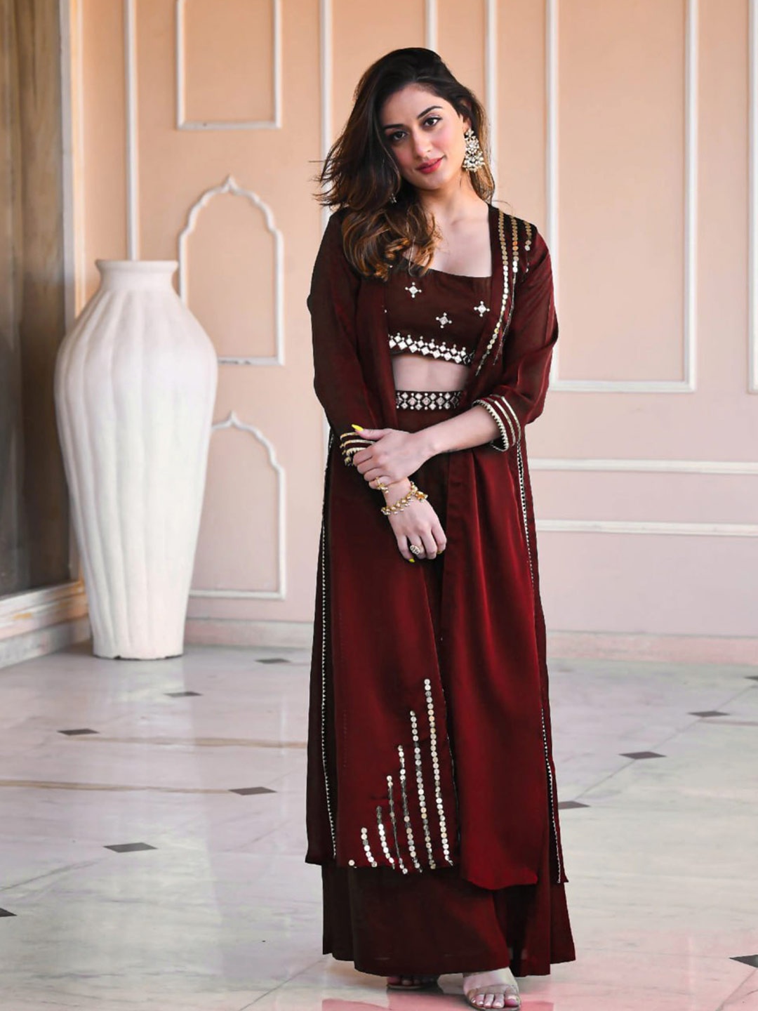 

ISHA TRADE Embellished Three Piece Co-Ords Set, Maroon