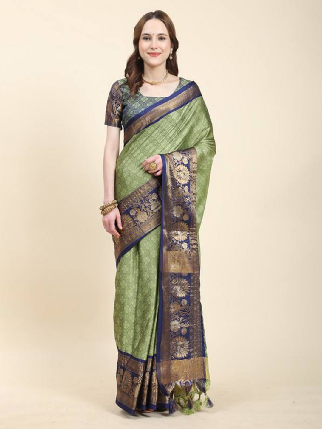 

ZILVIRA Ethnic Motifs Woven Design Zari Silk Cotton Saree, Olive