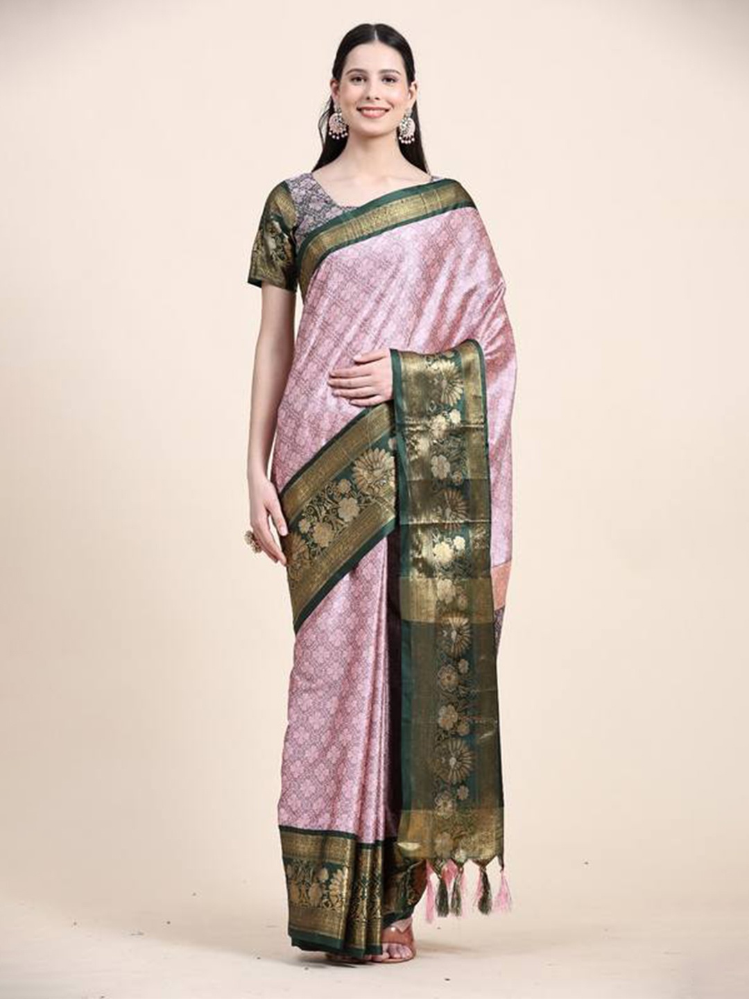 

ZILVIRA Ethnic Motifs Woven Design Zari Silk Cotton Saree, Pink