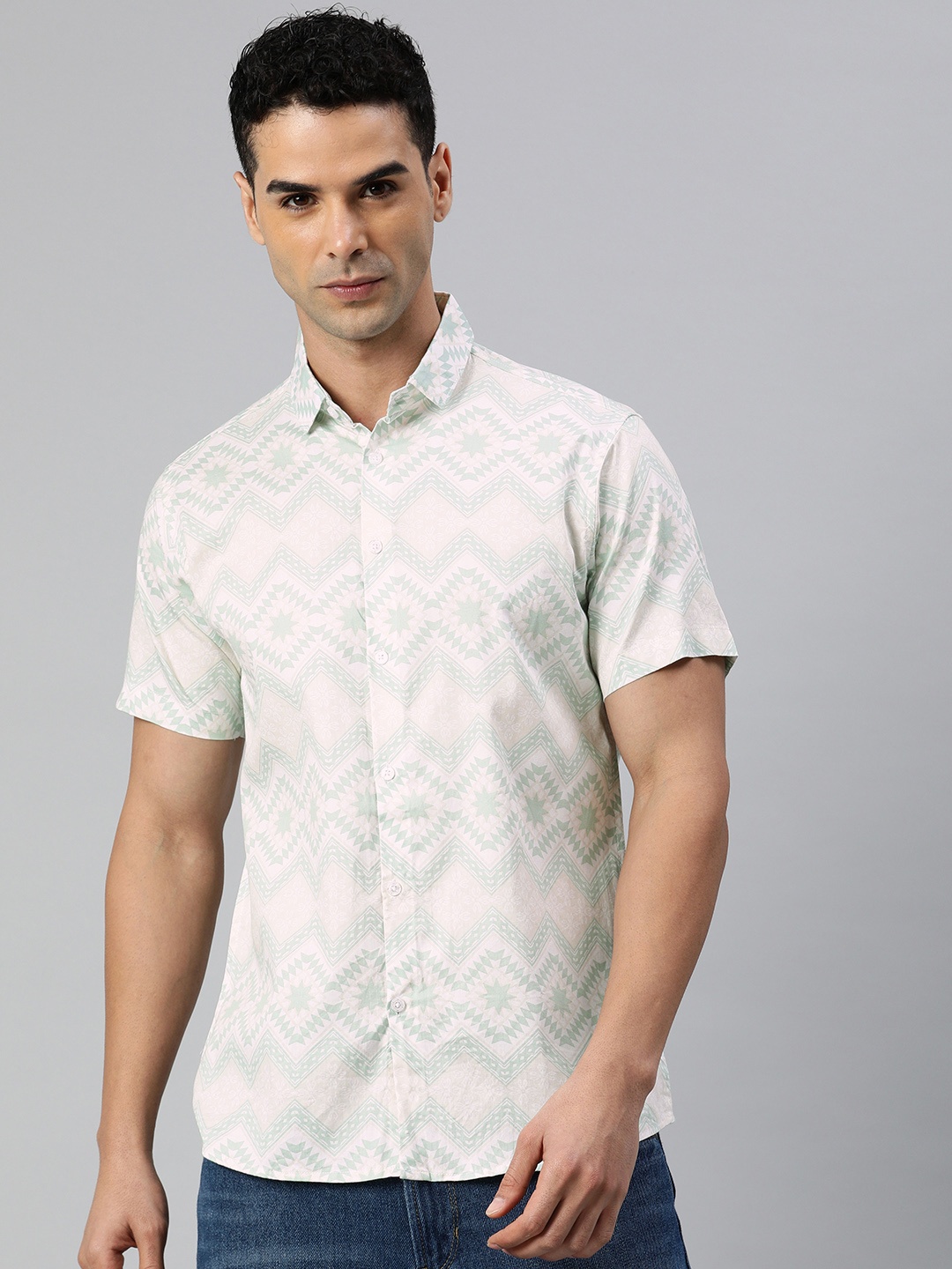 

Majestic Man Men Classic Slim Fit Geometric Printed Pure Cotton Casual Shirt, Green