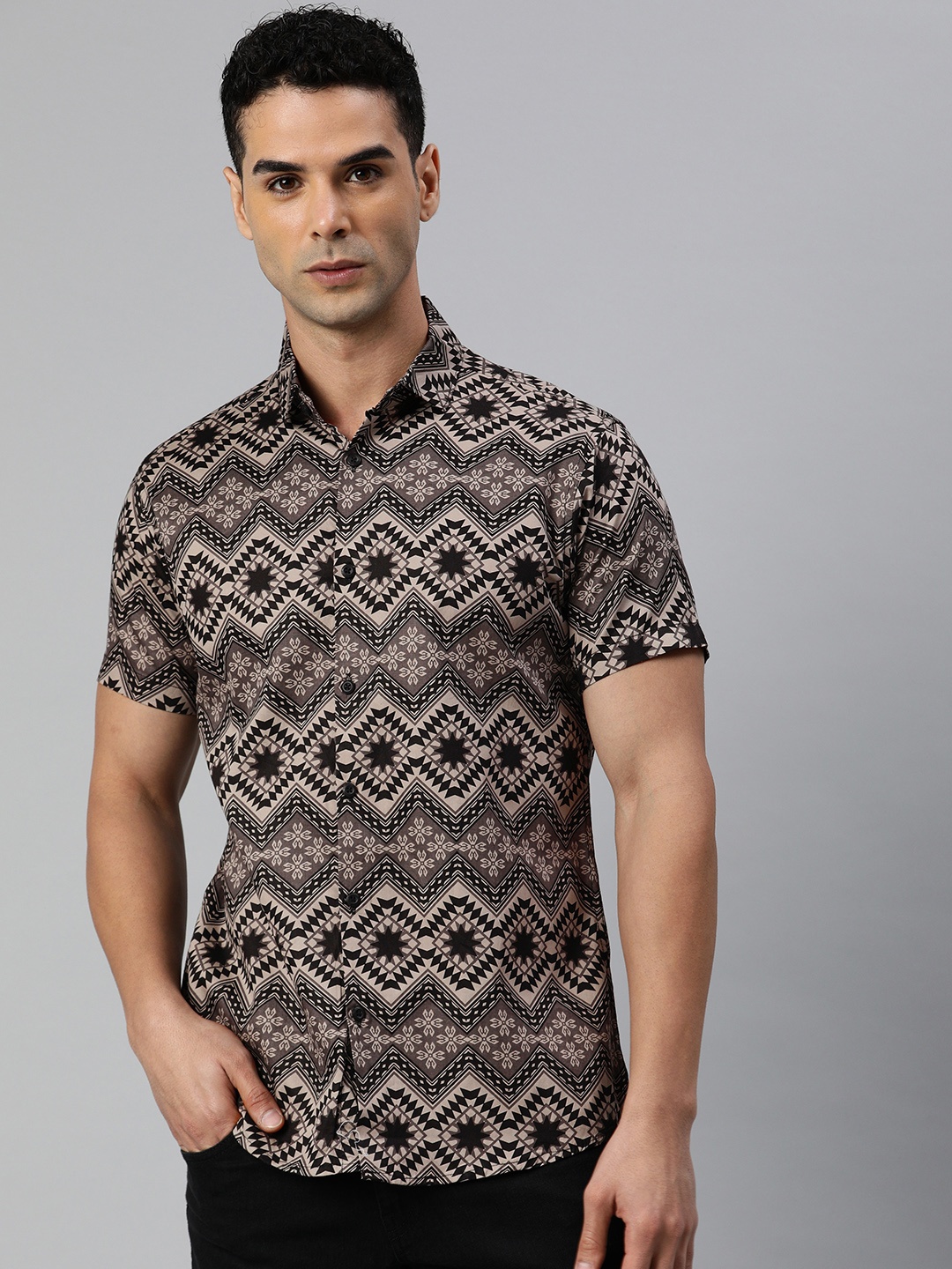 

Majestic Man Men Classic Slim Fit Geometric Printed Pure Cotton Casual Shirt, Beige