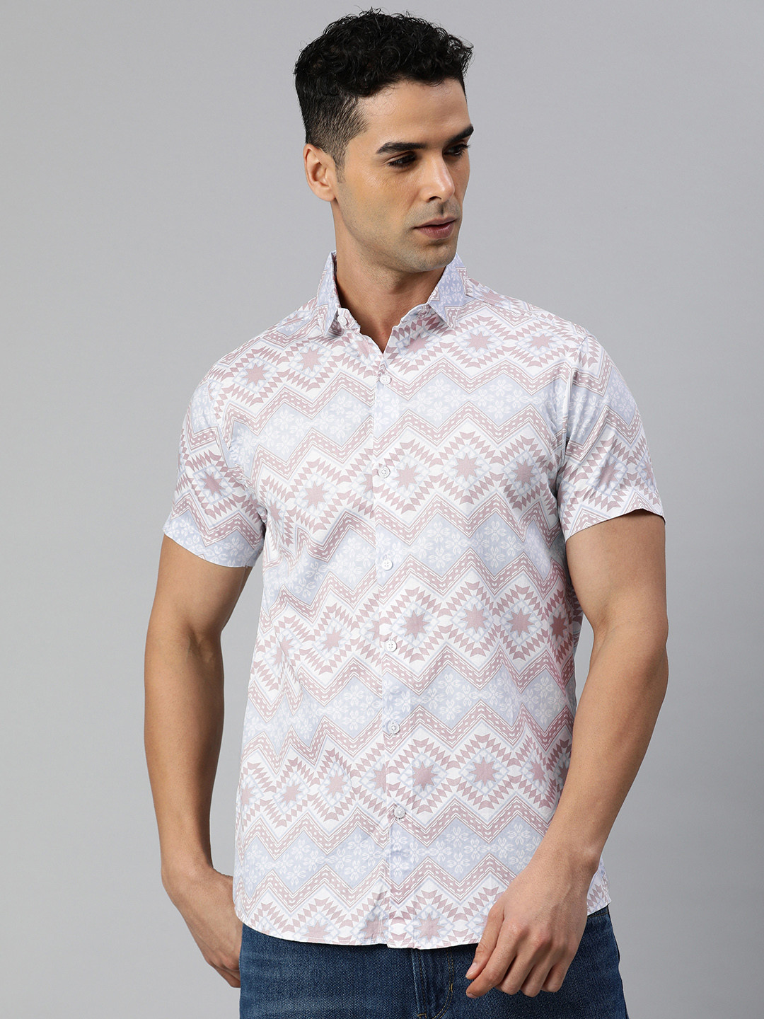 

Majestic Man Men Classic Slim Fit Geometric Printed Pure Cotton Casual Shirt, Blue