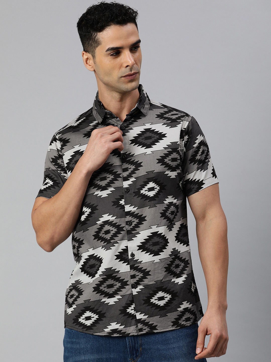 

Majestic Man Men Classic Slim Fit Geometric Printed Pure Cotton Casual Shirt, Grey