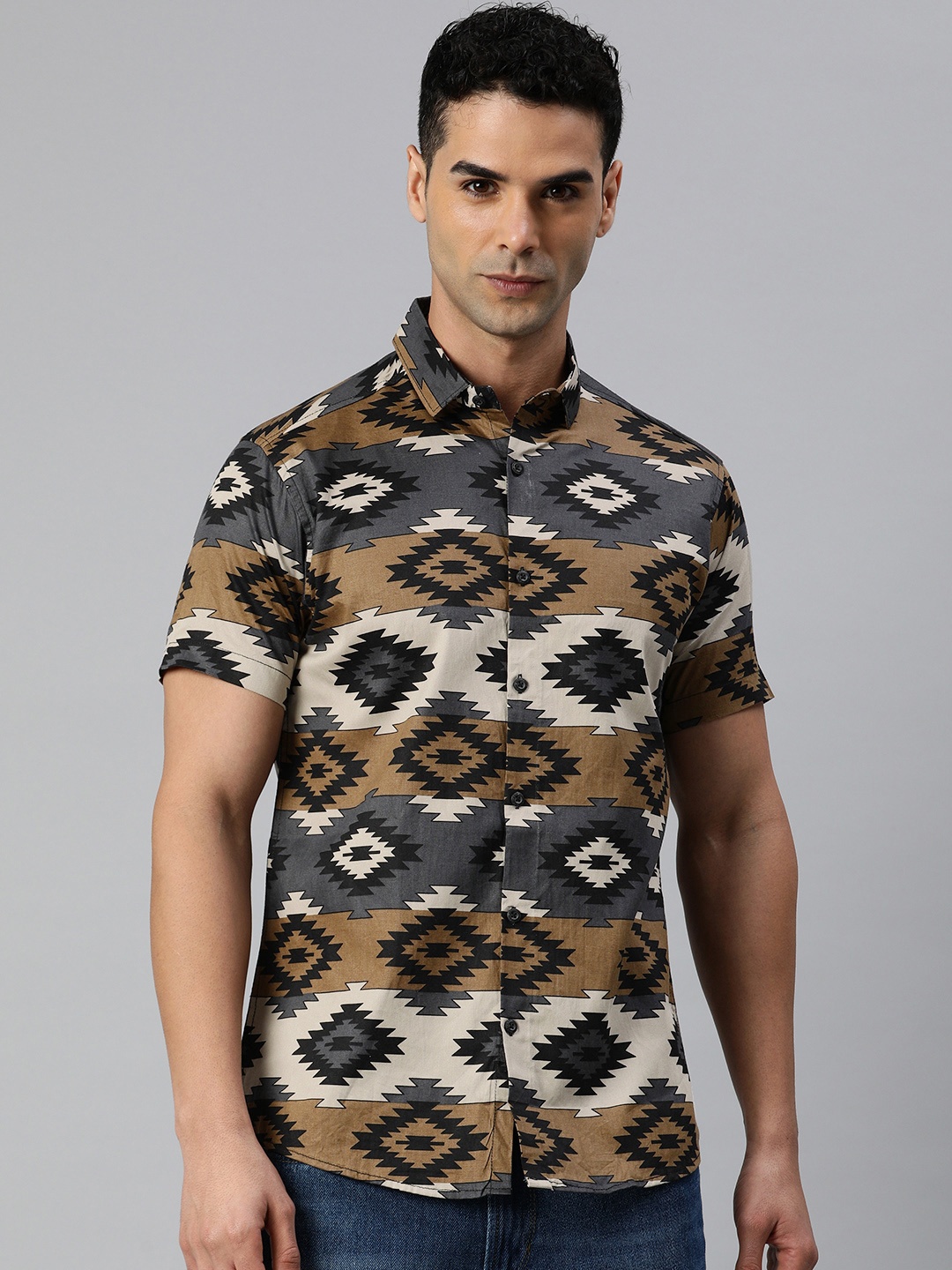 

Majestic Man Men Classic Slim Fit Geometric Printed Pure Cotton Casual Shirt, Brown