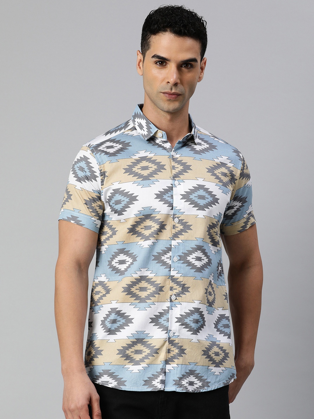 

Majestic Man Men Classic Slim Fit Geometric Printed Pure Cotton Casual Shirt, White