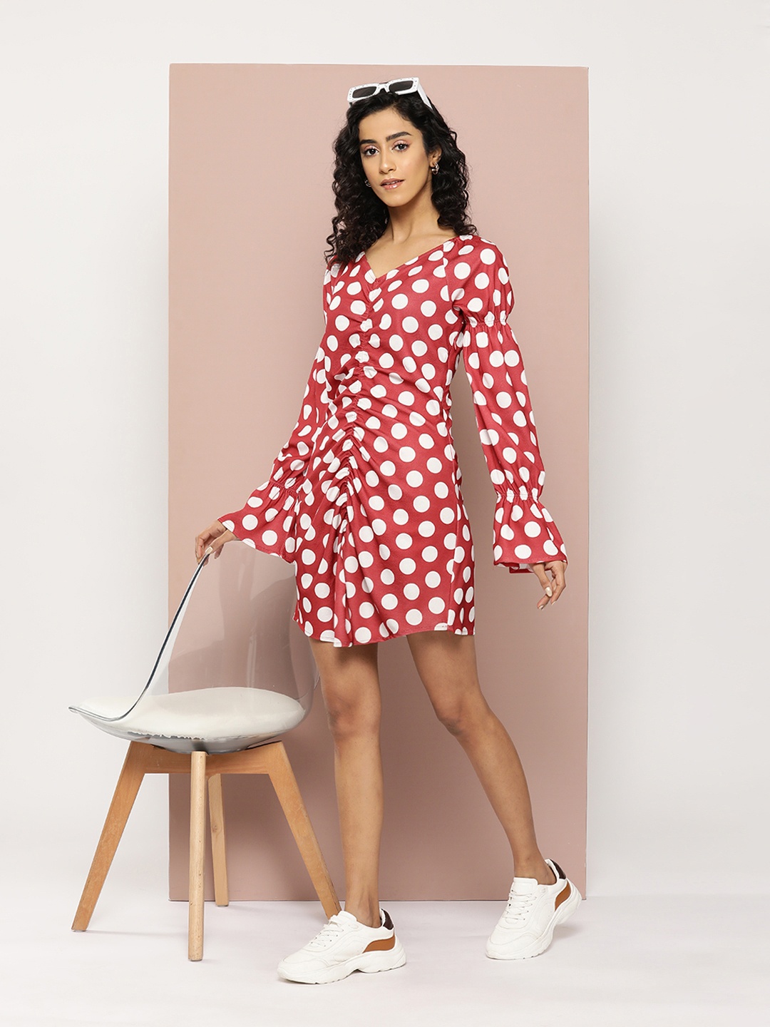 

Harvard Polka Dot Print Bishop Sleeve Fit & Flare Dress, Red