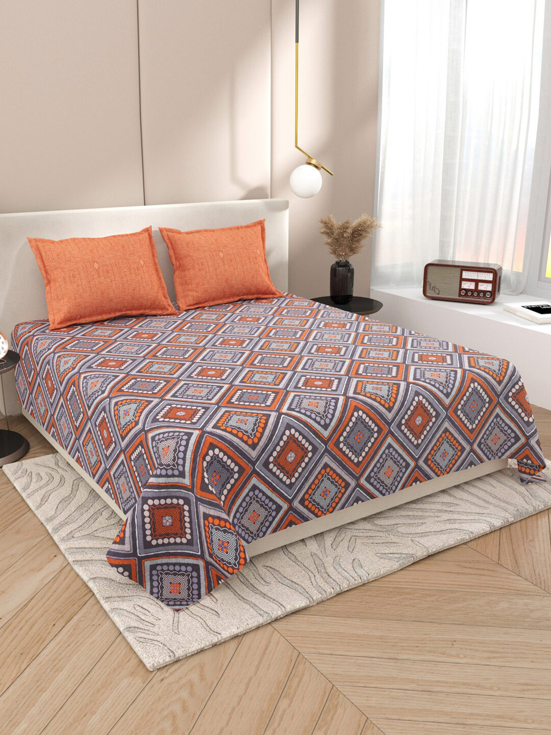 

DREAM WEAVERZ Blue & Orange Moroccan Glazed Cotton 220 TC King Bedsheet & 2 Pillow Covers