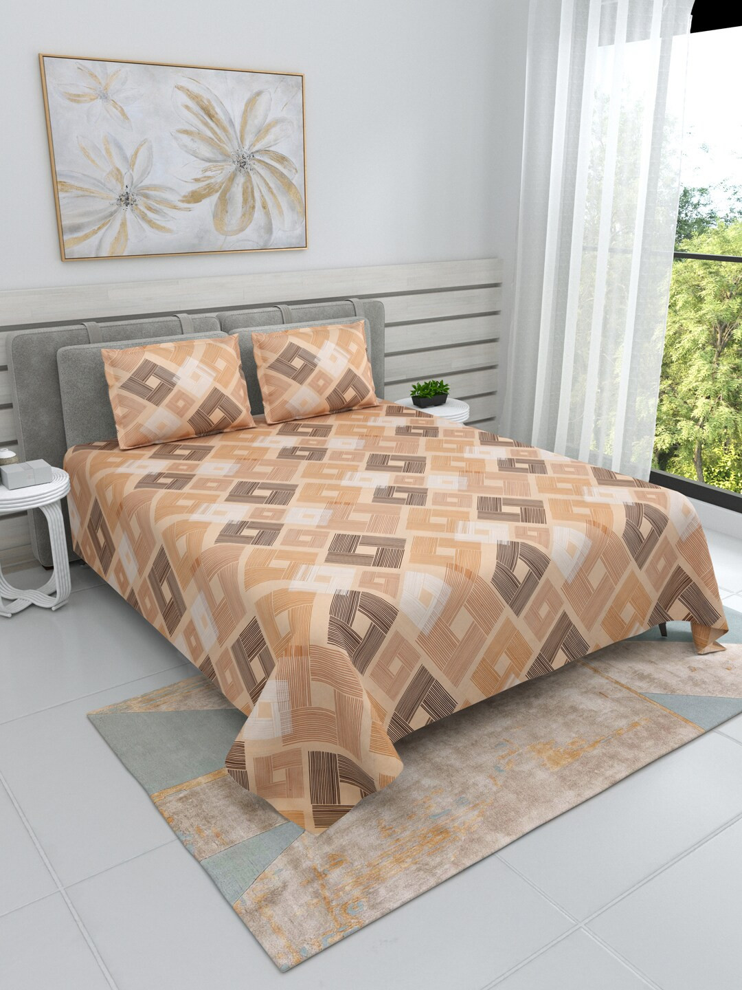 

DREAM WEAVERZ Grey & White Geometric Cotton 220 TC King Bedsheet with 2 Pillow Covers