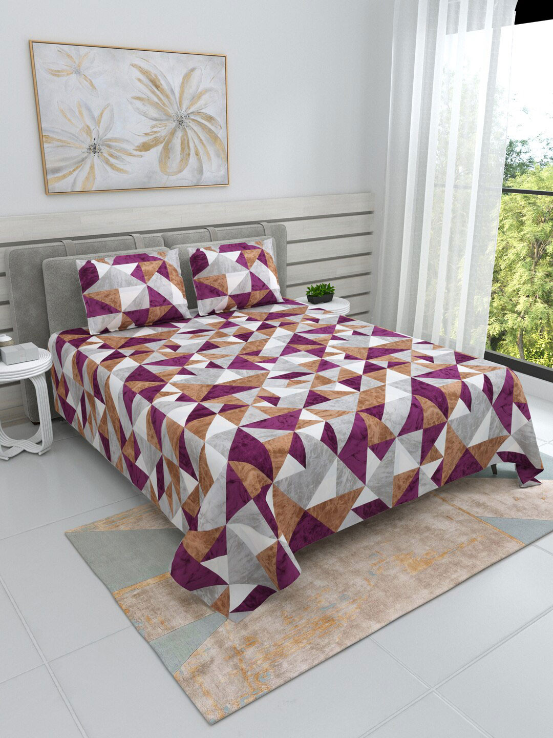 

DREAM WEAVERZ Purple & White Geometric Cotton 220 TC King Bedsheet with 2 Pillow Covers