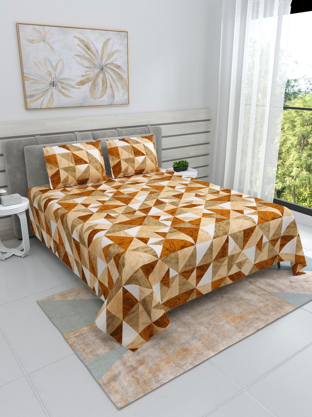 

DREAM WEAVERZ White & Beige Geometric Cotton 220 TC King Bedsheet with 2 Pillow Covers
