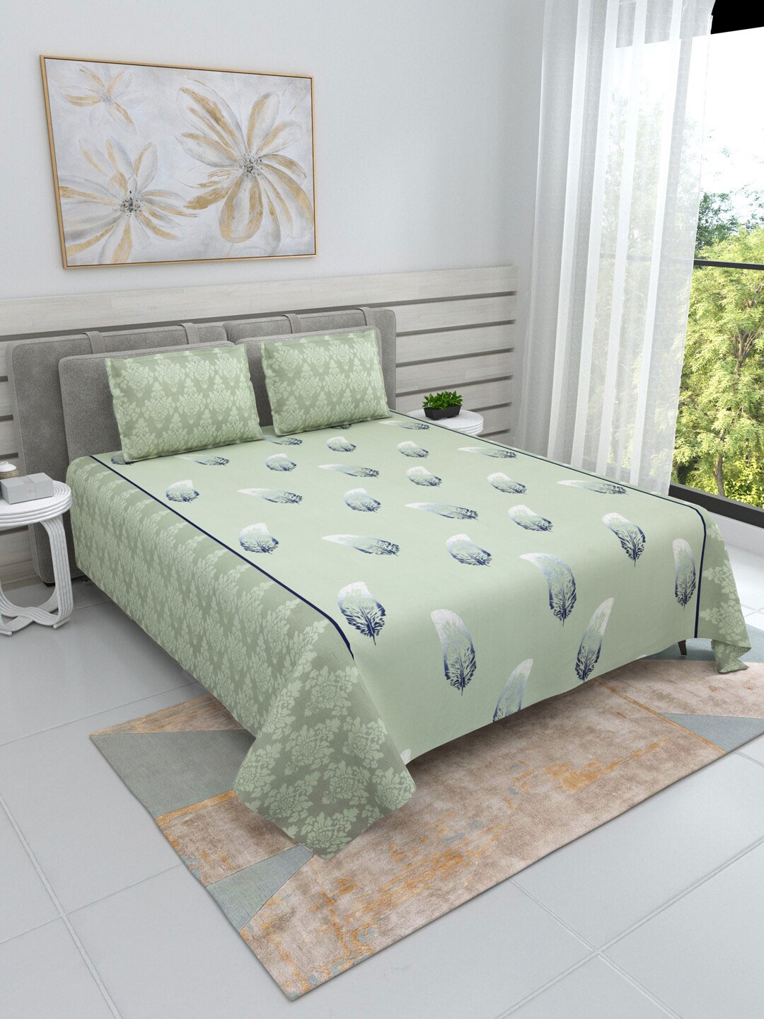 

DREAM WEAVERZ Green & White Cotton 220 TC King Bedsheet with 2 Pillow Covers