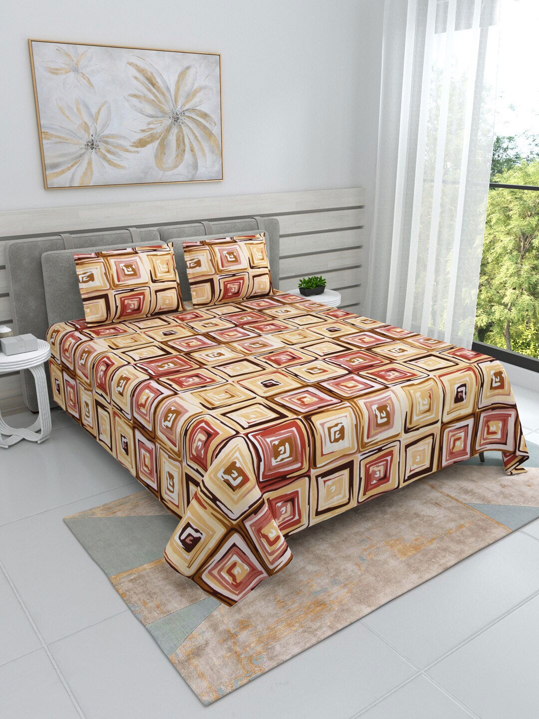 

DREAM WEAVERZ Yellow & Red Cotton 220 TC Super King Bedsheet With 2 Pillow Covers