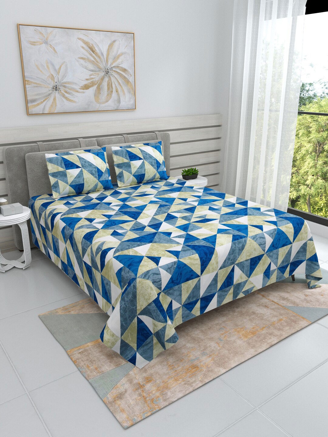 

DREAM WEAVERZ Blue & White Cotton 220 TC Super King Bedsheet With 2 Pillow Covers