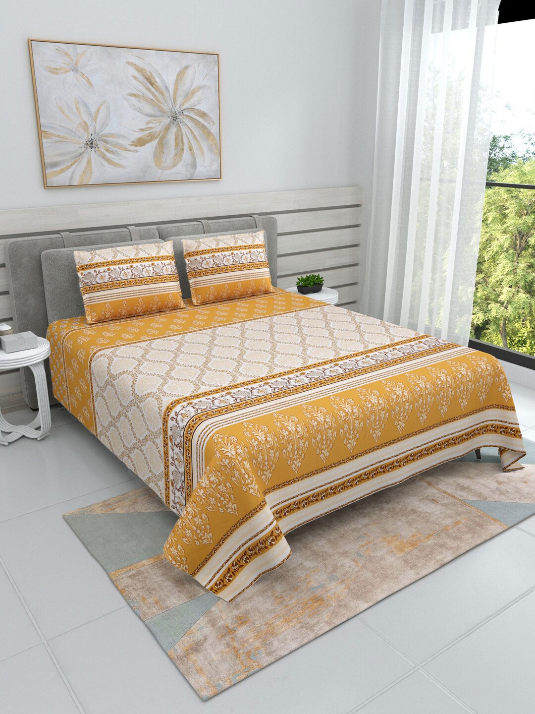 

DREAM WEAVERZ Yellow & Brown Floral Cotton 220 TC King Bedsheet With 2 Pillow Covers